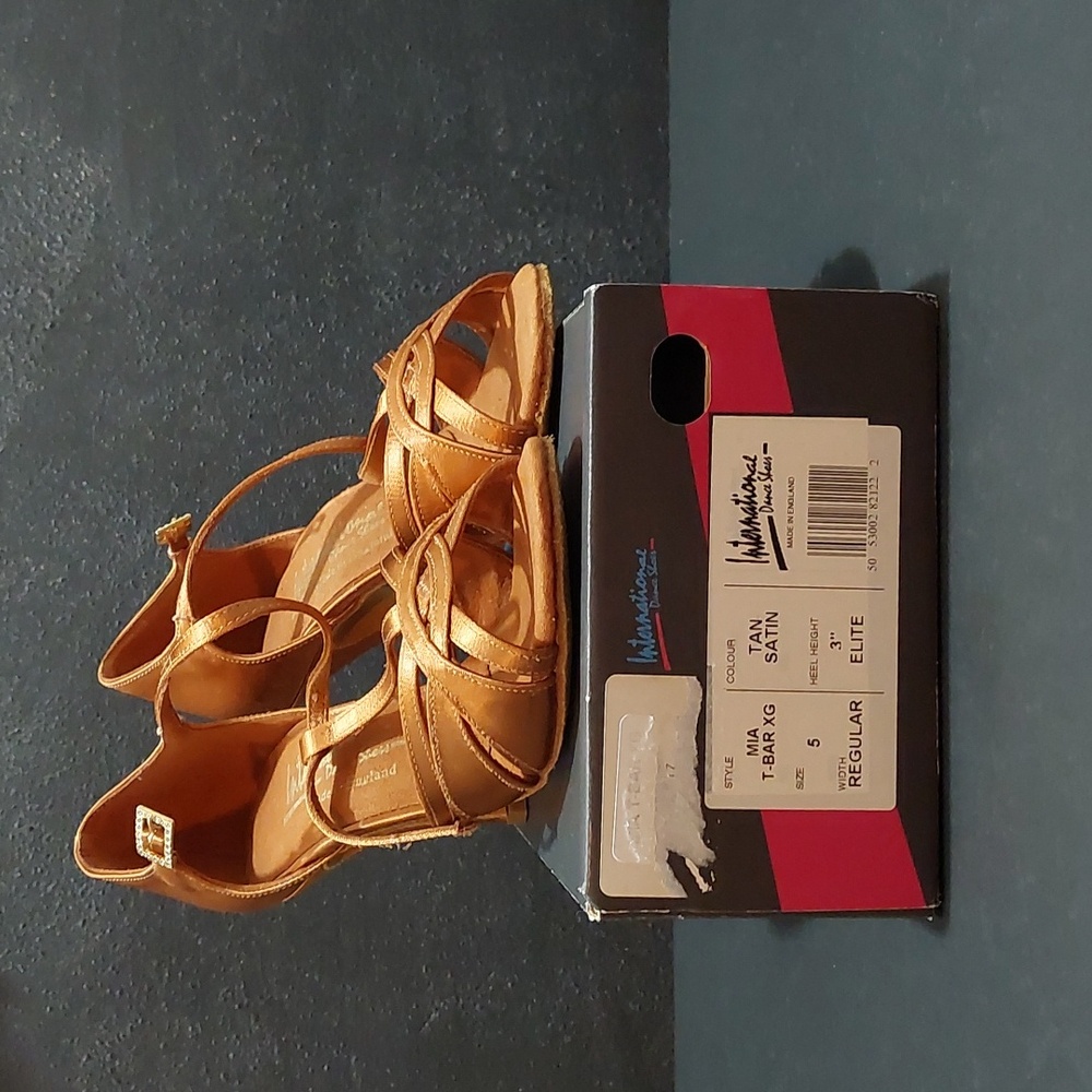 International Dance Shoes - Mia T-Bar XG -Tan Satin - 3" Elite-Style Heels